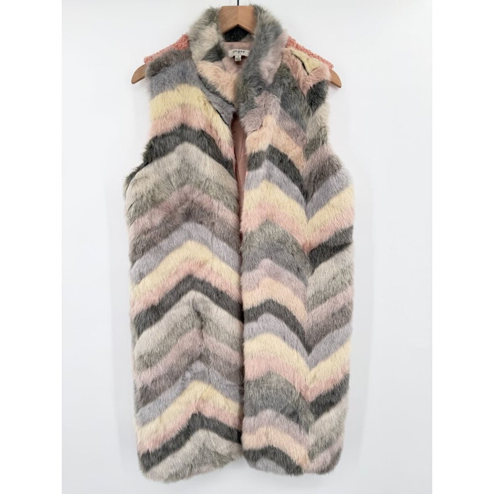 Umgee Faux Fur Vest Women Small Pastel Chevron Festival Boho Longline Pink Gray